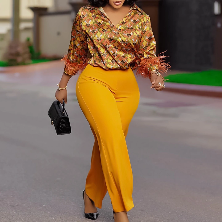 European and American women's clothing independent station eBay printed long-sleeved shirt elegant temperament wide-leg pants fashion African set three xxxl