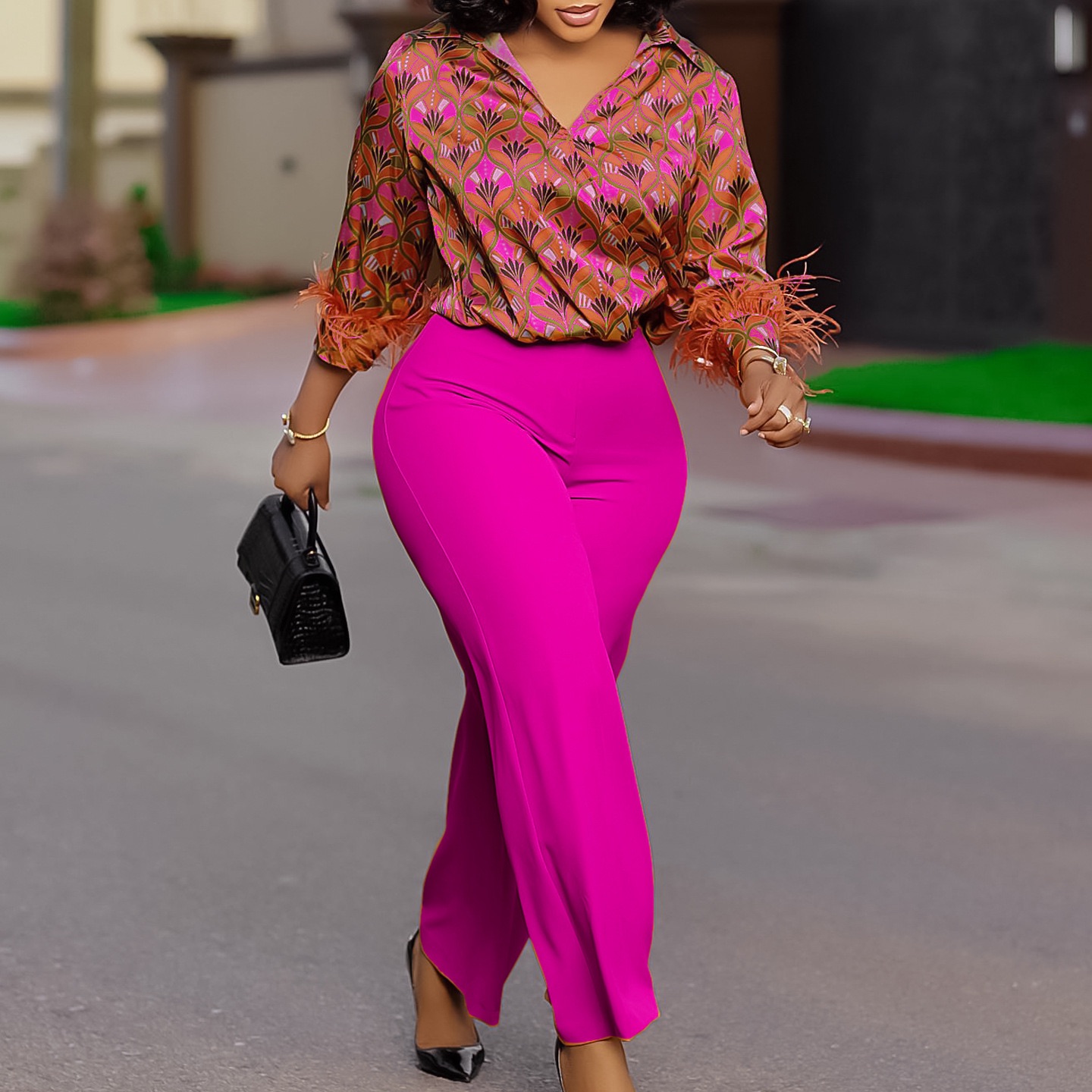 European and American women's clothing independent station eBay printed long-sleeved shirt elegant temperament wide-leg pants fashion African set three xxxl