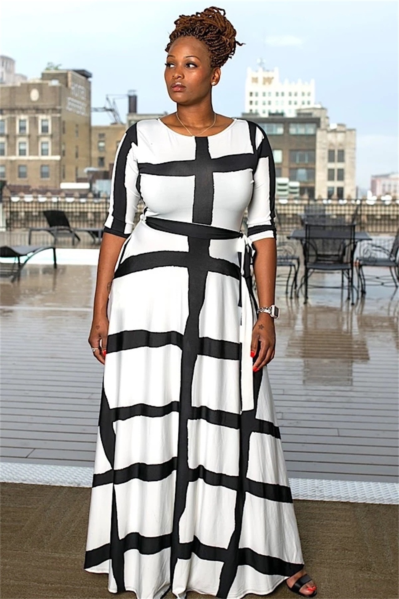 2025ins European and American plus size women's clothing Amazon independent station fashion striped positioning printed half-sleeved dress white xxxxxl