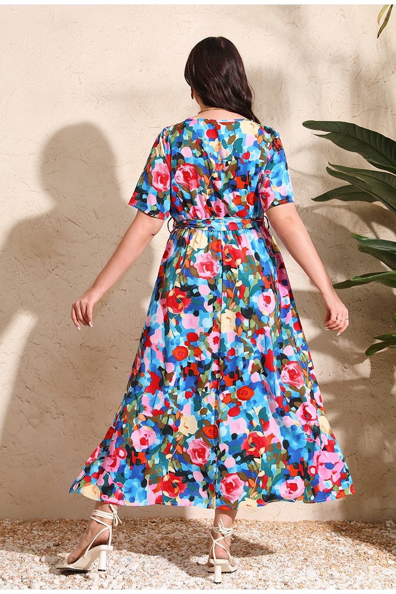Cross-border new Russian hot-selling holiday dress plus size V-neck short-sleeved chiffon dress 200 jin can be worn two xxxxl