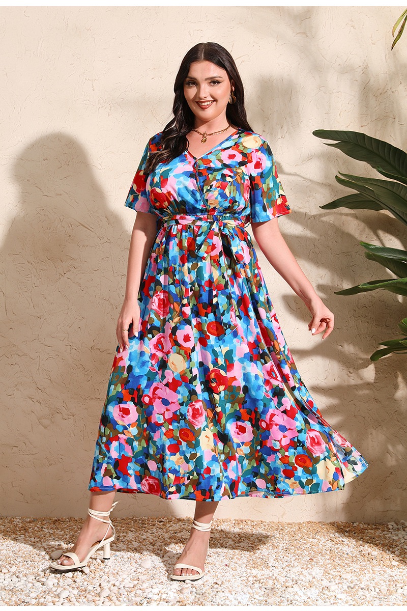 Cross-border new Russian hot-selling holiday dress plus size V-neck short-sleeved chiffon dress 200 jin can be worn two xxxxl