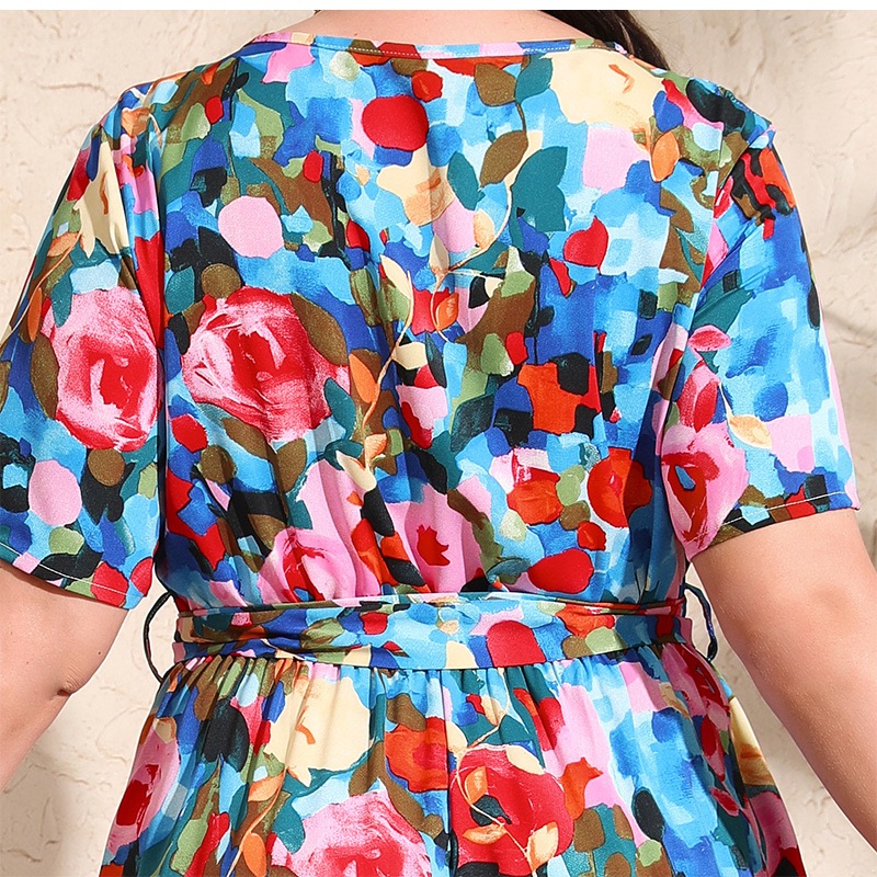 Cross-border new Russian hot-selling holiday dress plus size V-neck short-sleeved chiffon dress 200 jin can be worn two xxxxl