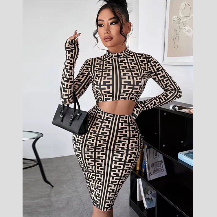 African dress autumn women's 2025 new printed temperament sexy casual high-neck mid-waist knitted skirt Picture color s