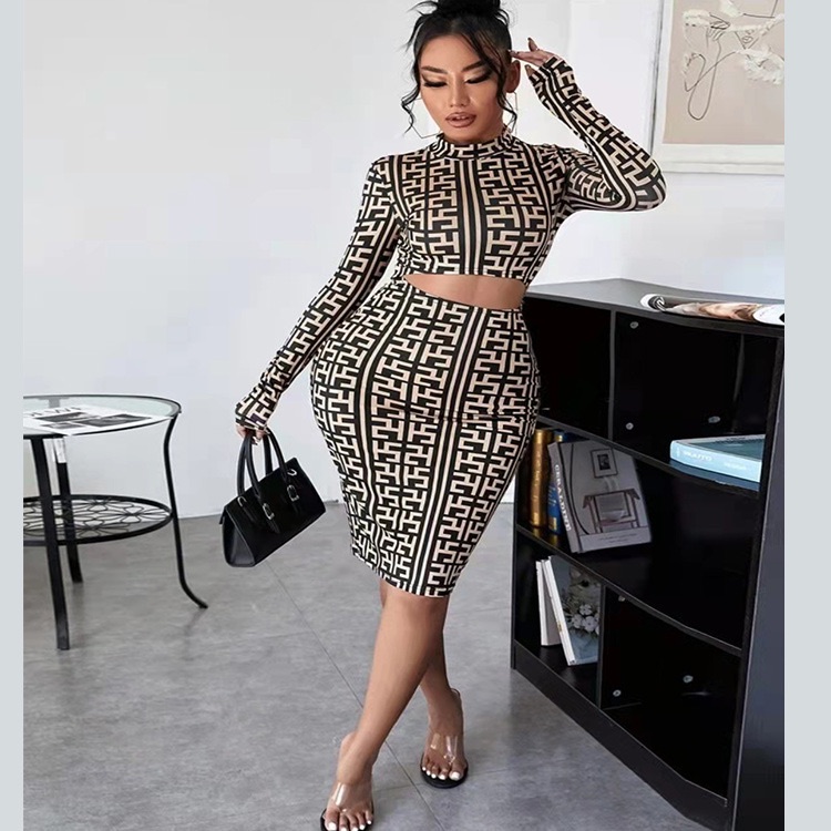 African dress autumn women's 2025 new printed temperament sexy casual high-neck mid-waist knitted skirt Picture color s