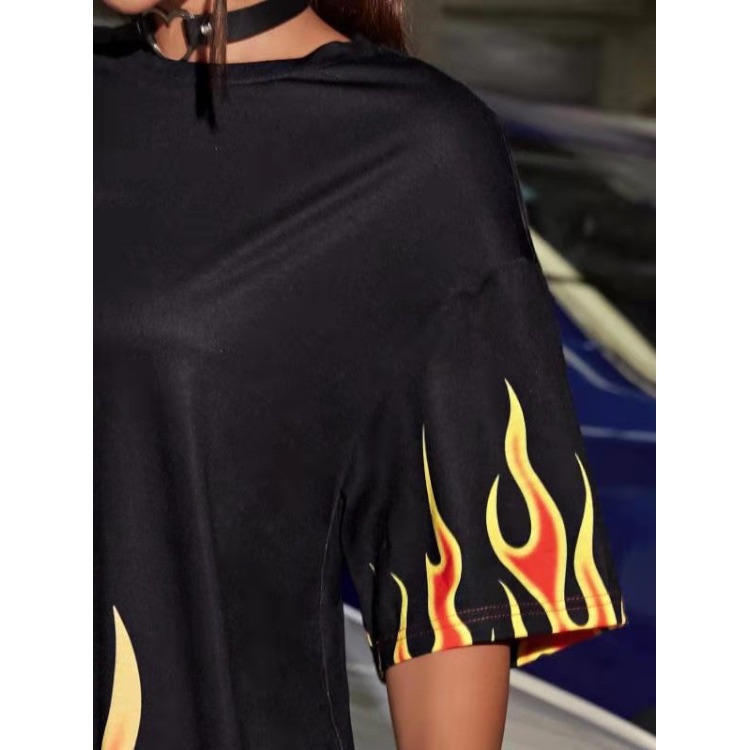 European and American T-shirt plus size women's summer 2025 new Amazon Wish knitted short-sleeved printed loose T-shirt red s