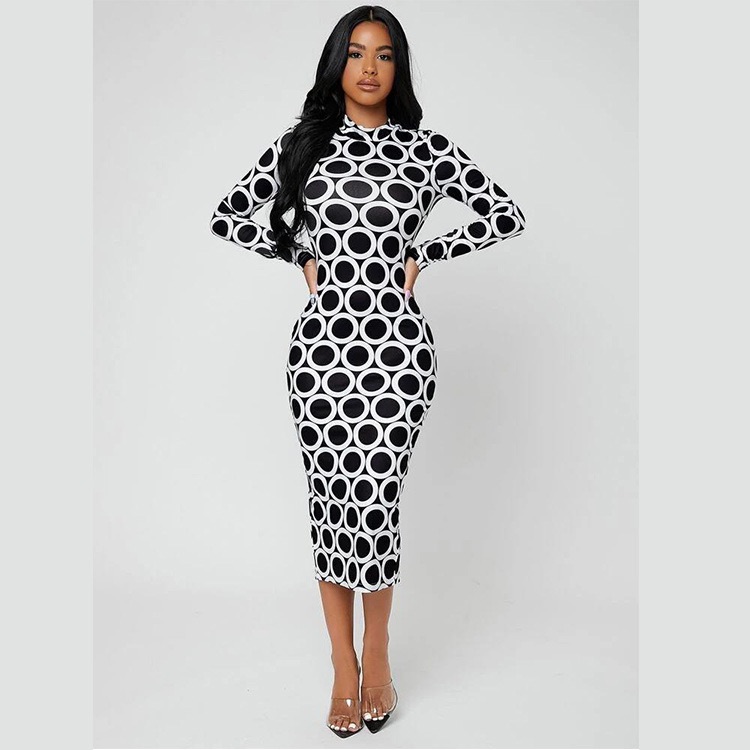 African women's spring and autumn new Amazon fashion elastic print cross-border slim round-neck long-sleeved split dress Picture color s
