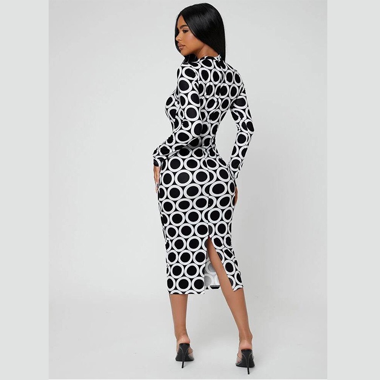 African women's spring and autumn new Amazon fashion elastic print cross-border slim round-neck long-sleeved split dress Picture color s