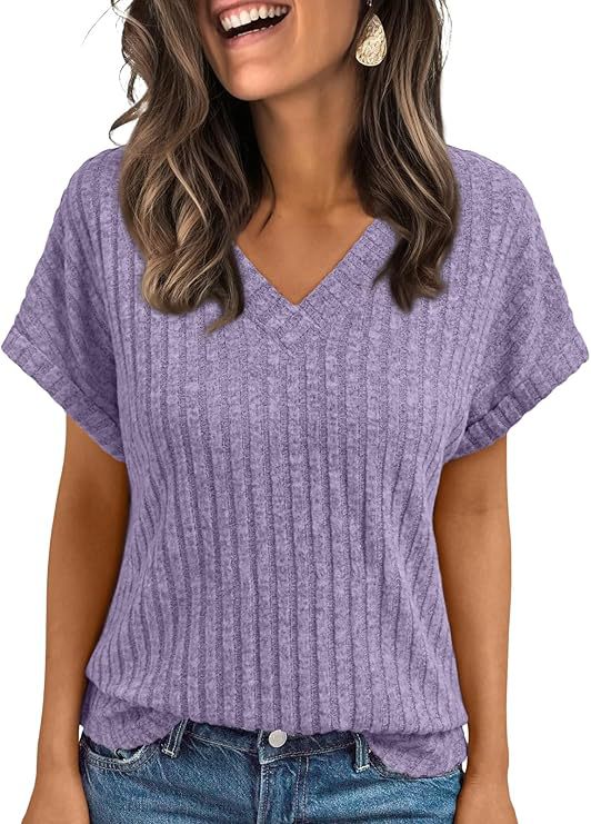 Cross-border European and American short-sleeved women's clothing Amazon 2025 summer new loose V-neck T-shirt women's top purple s