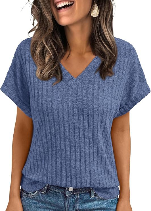 Cross-border European and American short-sleeved women's clothing Amazon 2025 summer new loose V-neck T-shirt women's top purple s