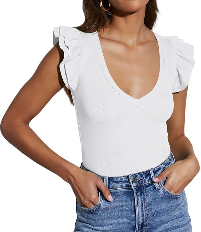 2025 European and American cross-border summer new v-neck solid color sleeveless ruffled casual women's top T-shirt white s