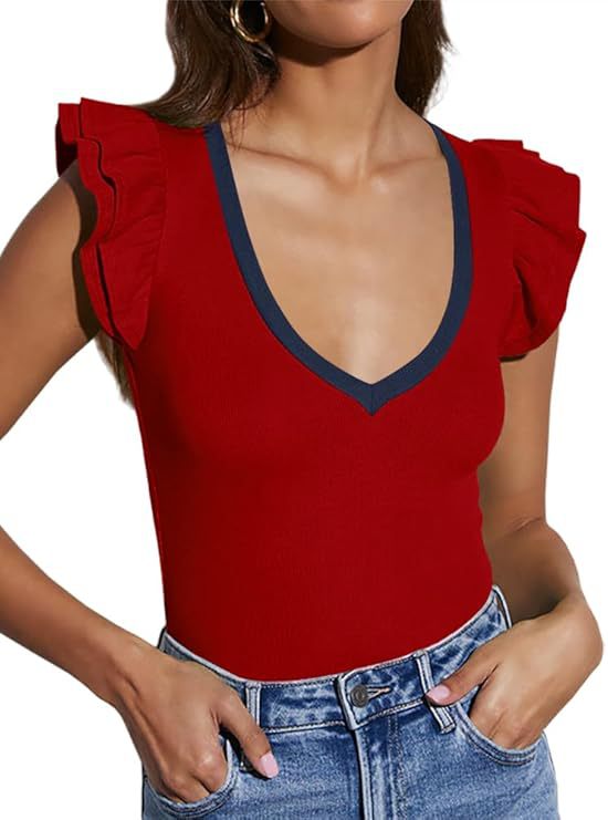 2025 European and American cross-border summer new v-neck solid color sleeveless ruffled casual women's top T-shirt white s