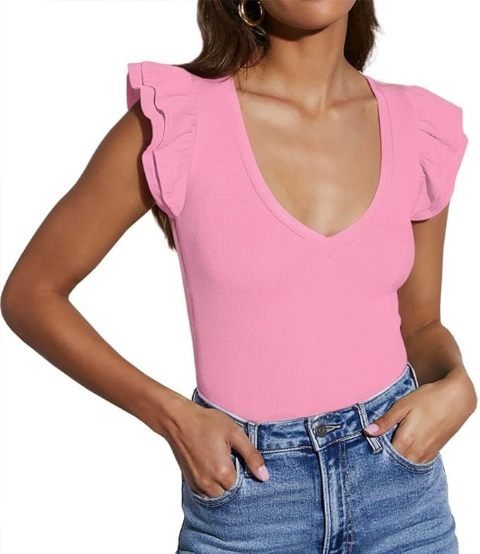 2025 European and American cross-border summer new v-neck solid color sleeveless ruffled casual women's top T-shirt white s