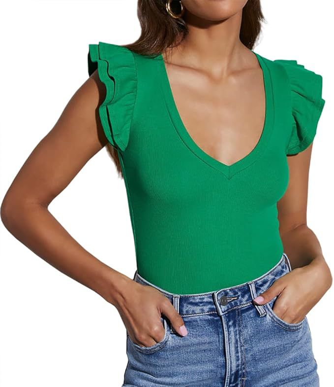 2025 European and American cross-border summer new v-neck solid color sleeveless ruffled casual women's top T-shirt white s