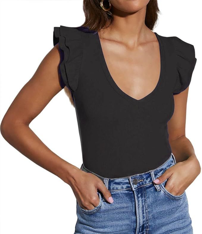 2025 European and American cross-border summer new v-neck solid color sleeveless ruffled casual women's top T-shirt white s