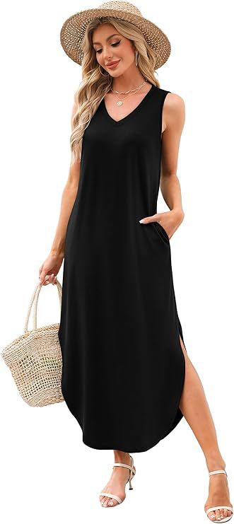 2025 cross-border new summer casual vacation style v-neck sleeveless loose women's long skirt split dress black s