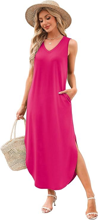 2025 cross-border new summer casual vacation style v-neck sleeveless loose women's long skirt split dress black s