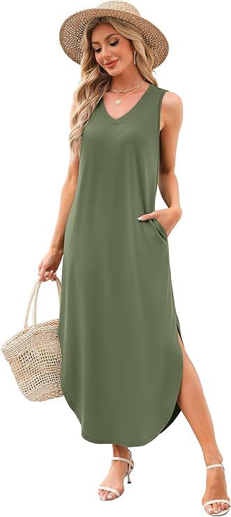 2025 cross-border new summer casual vacation style v-neck sleeveless loose women's long skirt split dress black s
