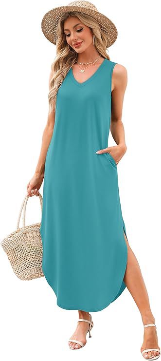 2025 cross-border new summer casual vacation style v-neck sleeveless loose women's long skirt split dress black s