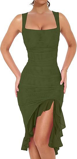 BORIFLORS Women's Sexy Pleated Tight Medium and Long Dress Square Collar Sleeveless Pleated Hem Club Party Vest Skirt army green xl