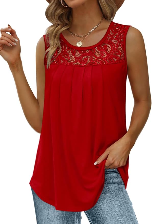 Saloogoe women's summer vest loose pleated waisted outerwear low round neck sleeveless lace top curved hem elegant coral powder xxxl