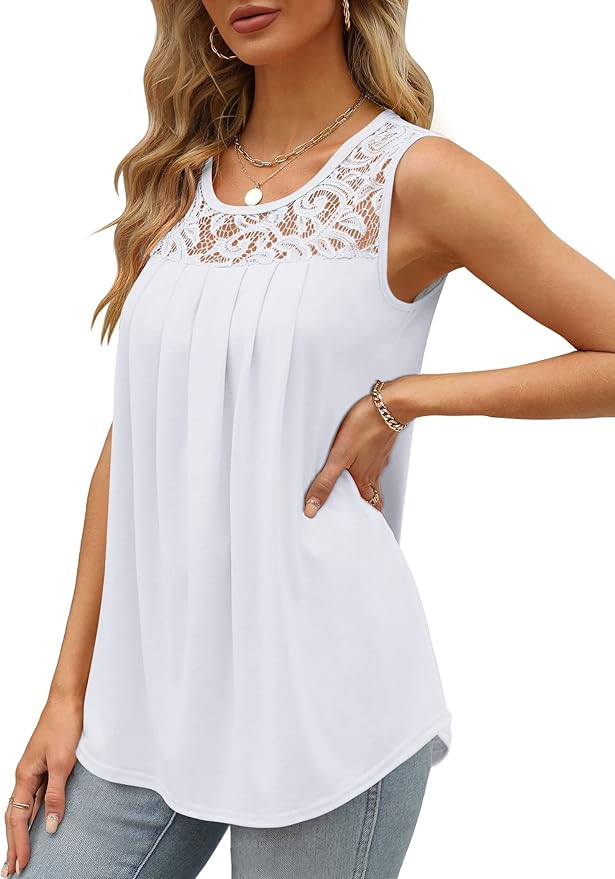 Saloogoe women's summer vest loose pleated waisted outerwear low round neck sleeveless lace top curved hem elegant coral powder xxxl