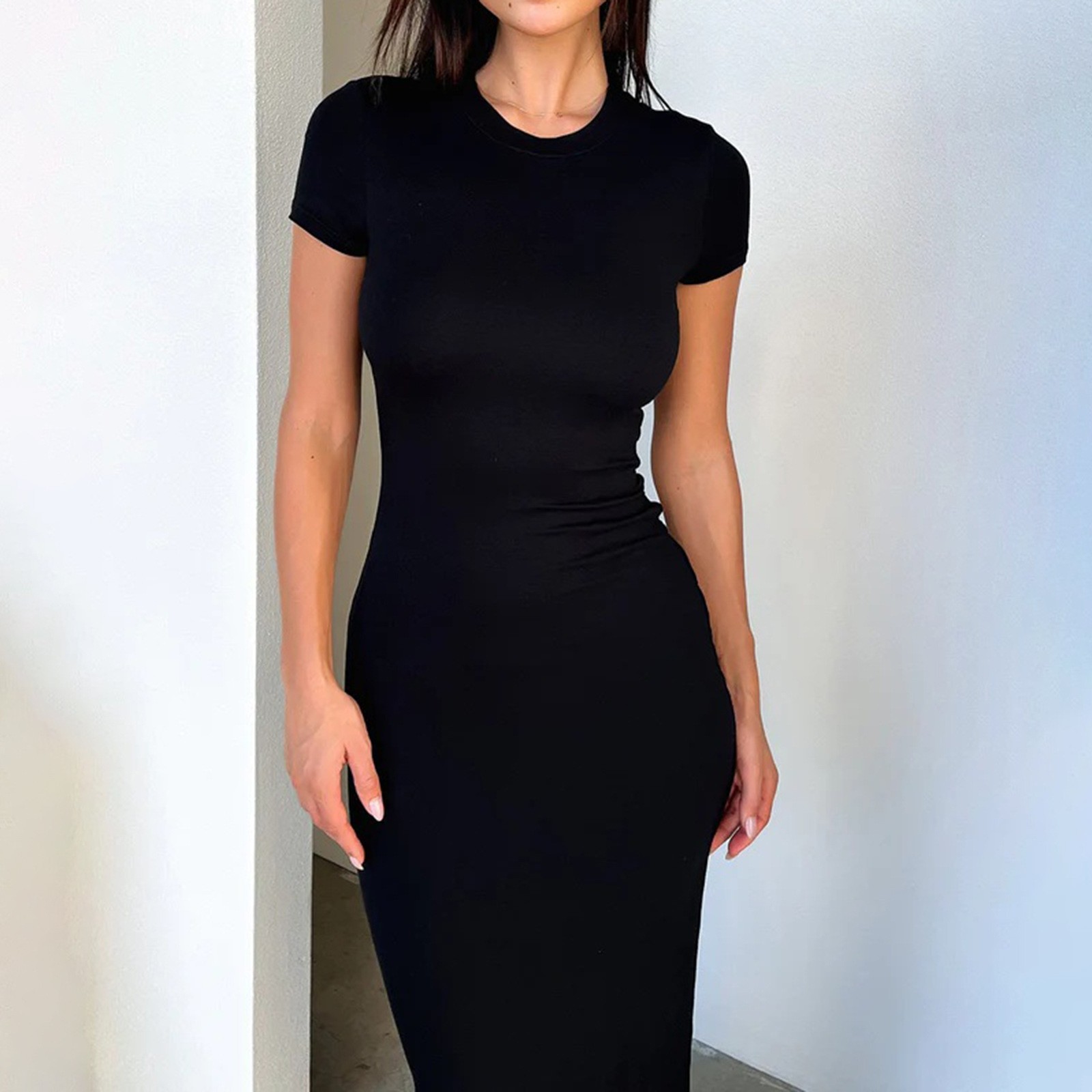 Amazon European and American women's clothing spring and summer foreign trade solid color temperament high elasticity slim sexy short-sleeved long skirt dress purple xxl