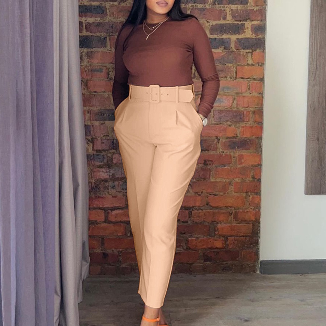 Cross-border women's clothing eBay independent station spring new fashion casual high waist solid color small foot suit pants European and American casual pants khaki xxxl