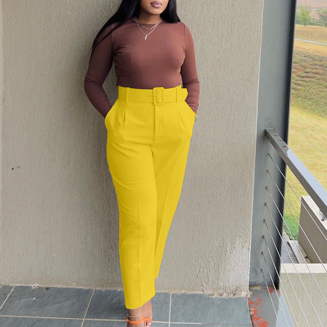 Cross-border women's clothing eBay independent station spring new fashion casual high waist solid color small foot suit pants European and American casual pants khaki xxxl