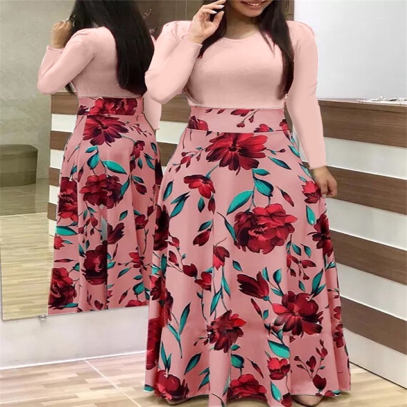 Cross-border wish AliExpress popular version European and American style flower print color block short-sleeved plus size dress women black xxxxxl