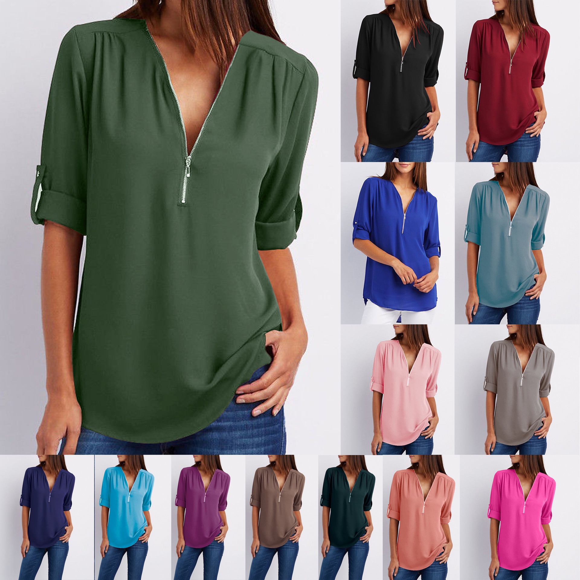 European and American shirts V-neck zipper plus size women's long sleeves can be rolled up loose chiffon shirt European and American Coffee color xxxxxl