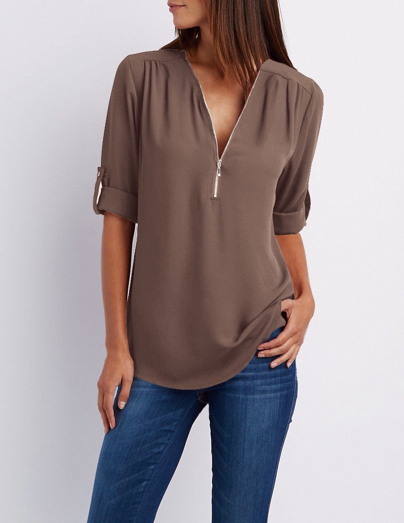 European and American shirts V-neck zipper plus size women's long sleeves can be rolled up loose chiffon shirt European and American Coffee color xxxxxl