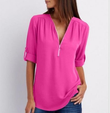 European and American shirts V-neck zipper plus size women's long sleeves can be rolled up loose chiffon shirt European and American Coffee color xxxxxl