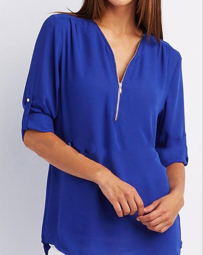 European and American shirts V-neck zipper plus size women's long sleeves can be rolled up loose chiffon shirt European and American Coffee color xxxxxl