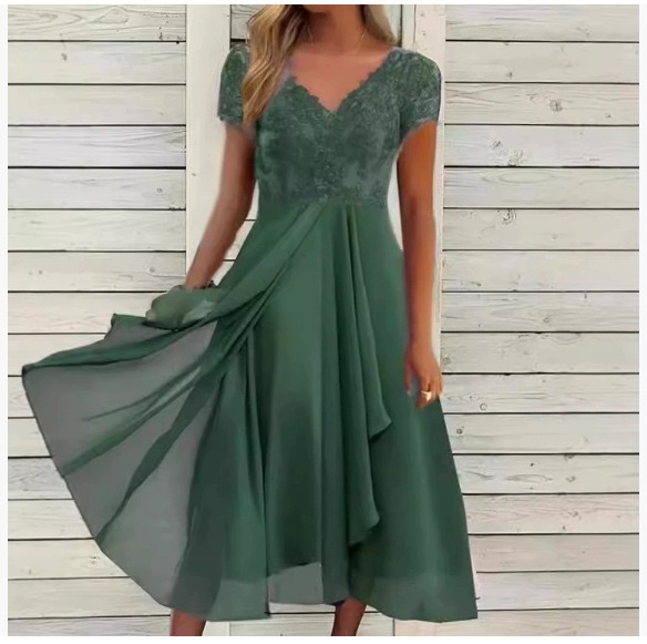European cross-border Amazon dress chiffon stitching lace hollow women's long skirt bridesmaid evening dress sleeveless blue xxxl