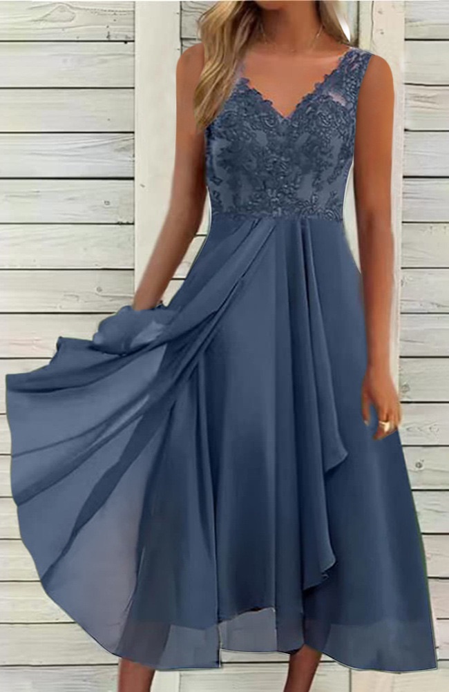 European cross-border Amazon dress chiffon stitching lace hollow women's long skirt bridesmaid evening dress sleeveless blue xxxl