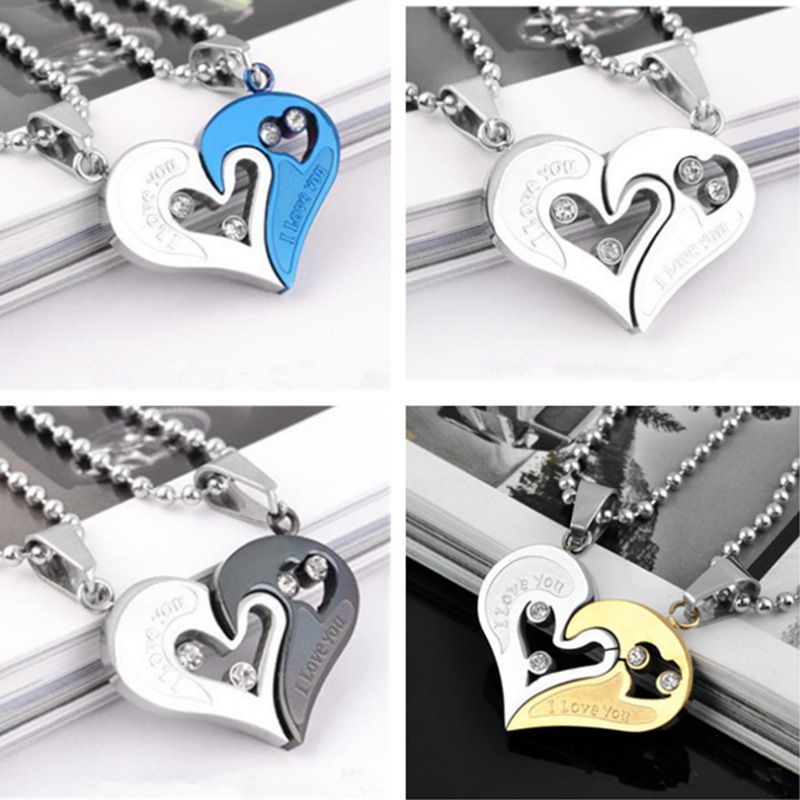 FBM2Pcs/Set Couple Heart Shape I Love You Pendant Necklace Lovers Couples Jewelry Valentine's Gift，Fashion Couple Necklace Jewelry Unisex Lovers Couples Necklaces & Pendants Black+silver As picture