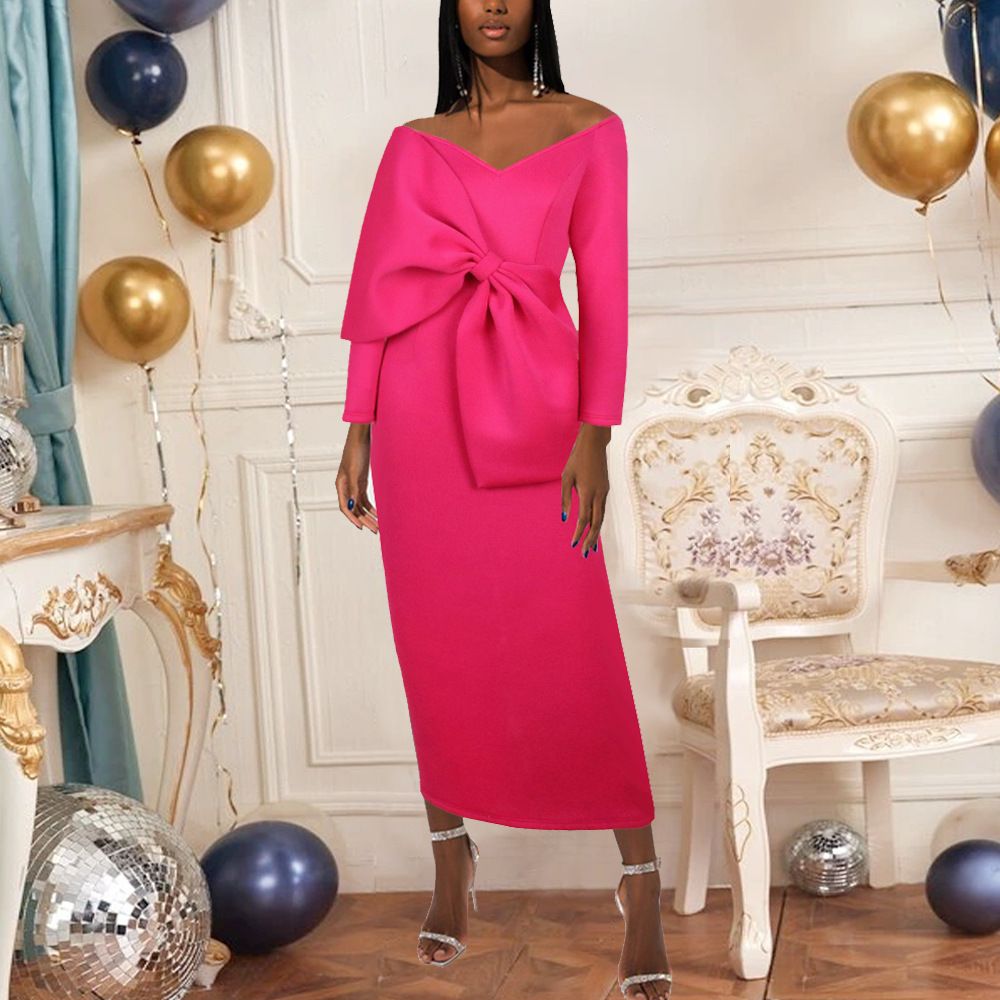 AM210730 deep V bow high waist bag hip party plus size women's dress party dress pink S