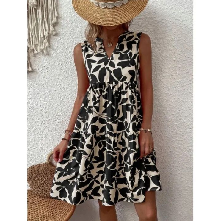 Floral Print Ruffle Hem Dress, Boho Holiday Long Sleeve V-neck Dress, Women's Clothing