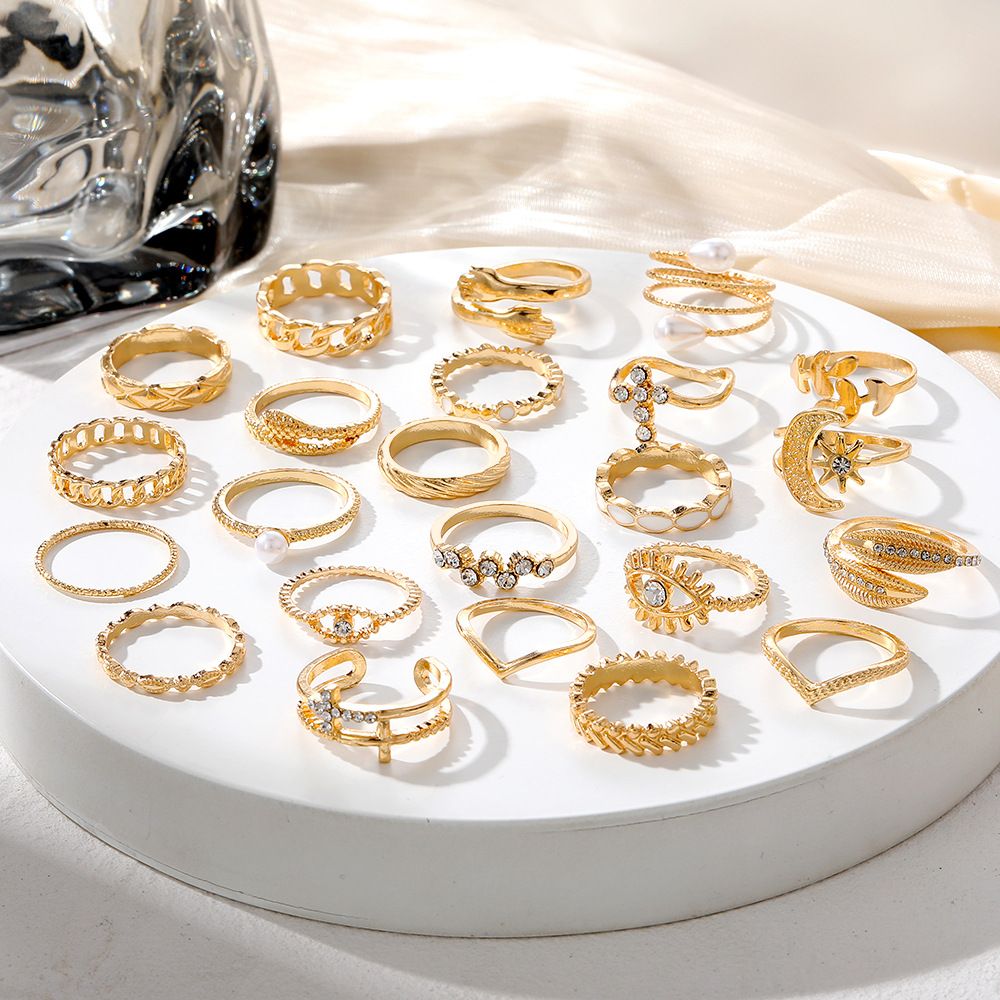 Diamond-Eyed Cross & Leaf Ring Set - 23-Piece Multi-Joint Boho Jewelry with Pearls, Sun & Moon Motifs Golden 23pcs/Set