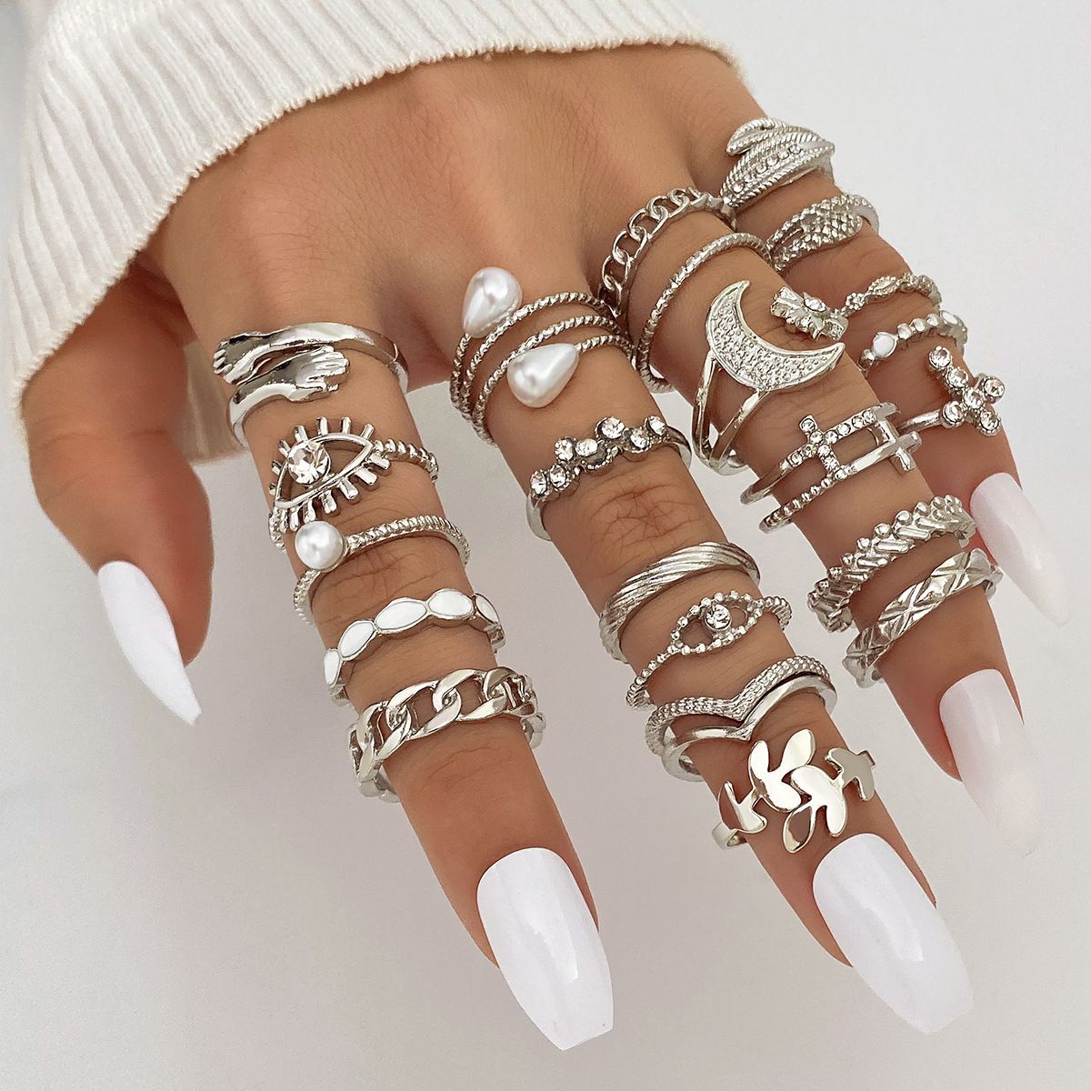 Diamond-Eyed Cross & Leaf Ring Set - 23-Piece Multi-Joint Boho Jewelry with Pearls, Sun & Moon Motifs Golden 23pcs/Set