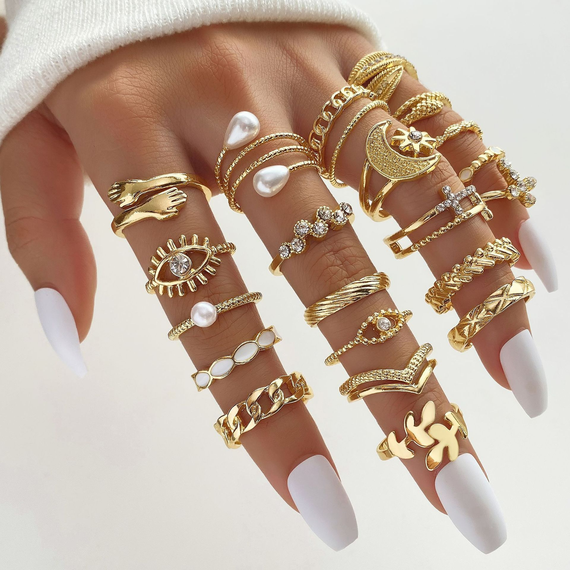 Diamond-Eyed Cross & Leaf Ring Set - 23-Piece Multi-Joint Boho Jewelry with Pearls, Sun & Moon Motifs Golden 23pcs/Set