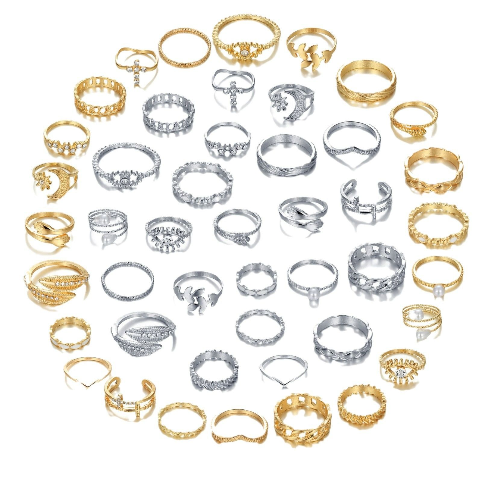 Diamond-Eyed Cross & Leaf Ring Set - 23-Piece Multi-Joint Boho Jewelry with Pearls, Sun & Moon Motifs Golden 23pcs/Set