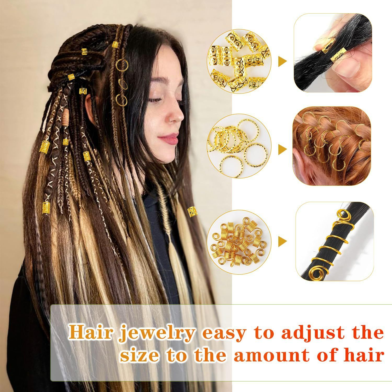 290pcs DIY Hair Extension Accessories Electroplated Hollow-Out Set | Dreads, Wig, Personalized Styling Hair Clips & Rings Golden 7.2*5.1*1 inches