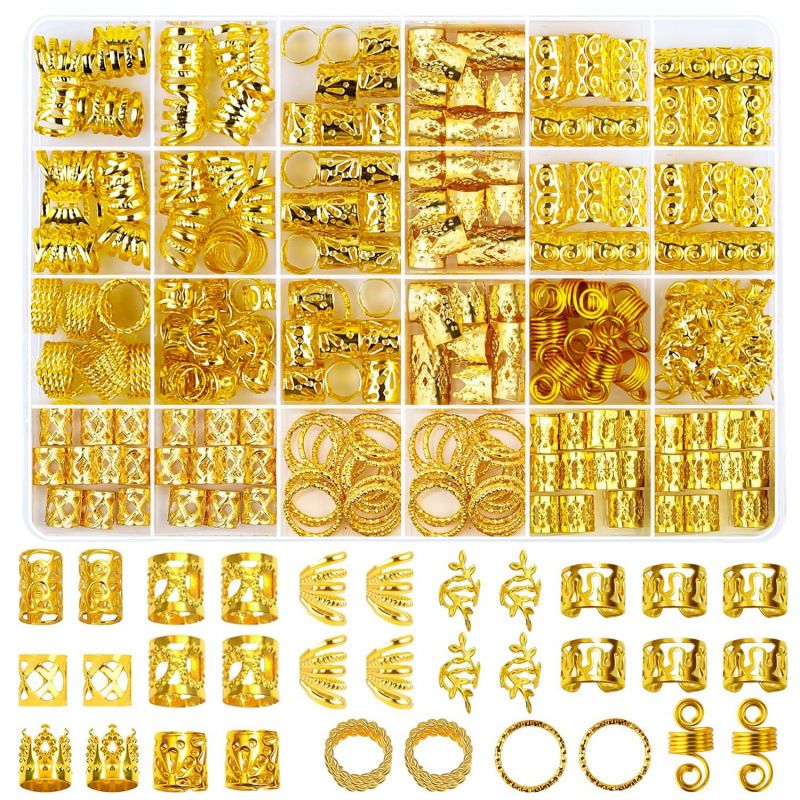 290pcs DIY Hair Extension Accessories Electroplated Hollow-Out Set | Dreads, Wig, Personalized Styling Hair Clips & Rings Golden 7.2*5.1*1 inches