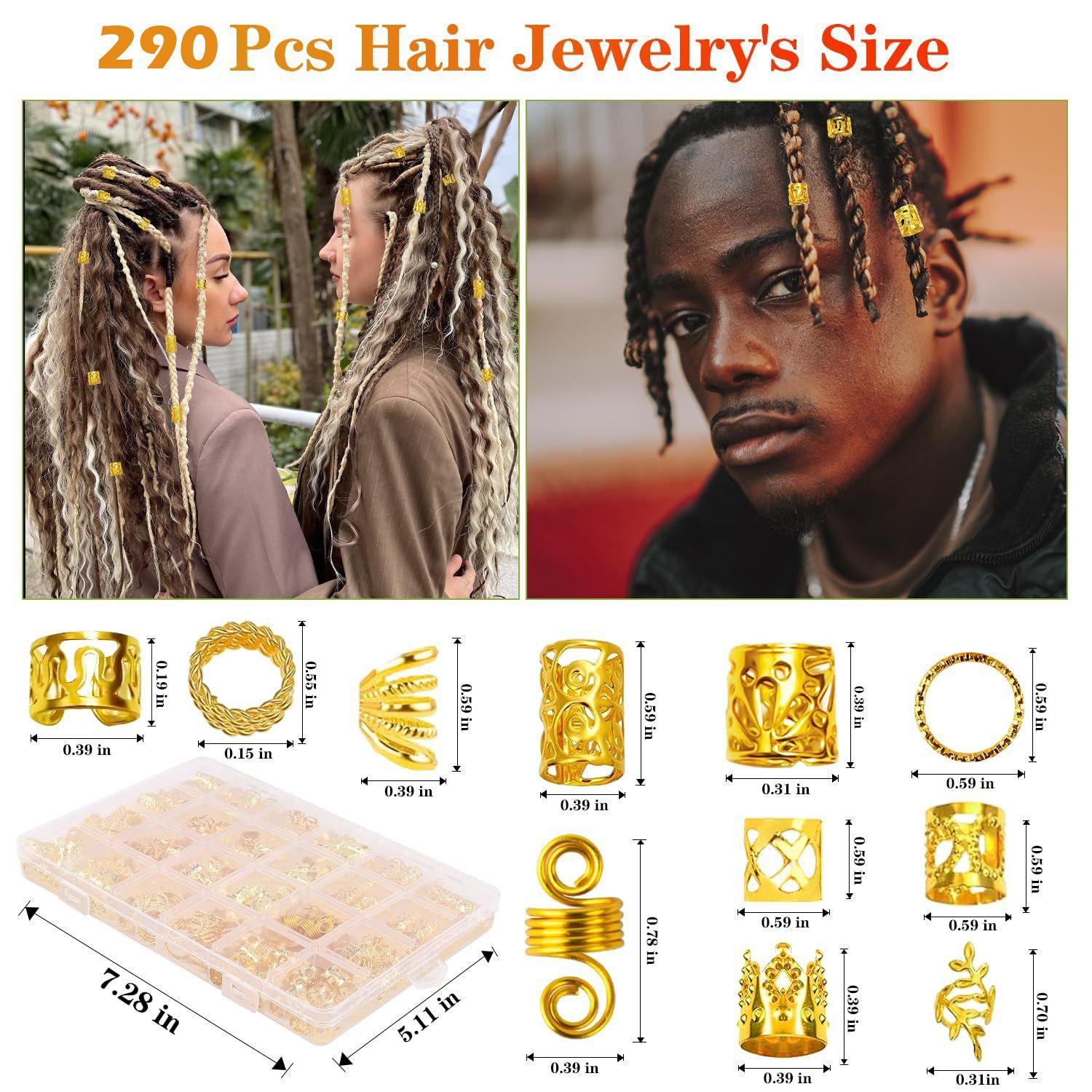 290pcs DIY Hair Extension Accessories Electroplated Hollow-Out Set | Dreads, Wig, Personalized Styling Hair Clips & Rings Golden 7.2*5.1*1 inches