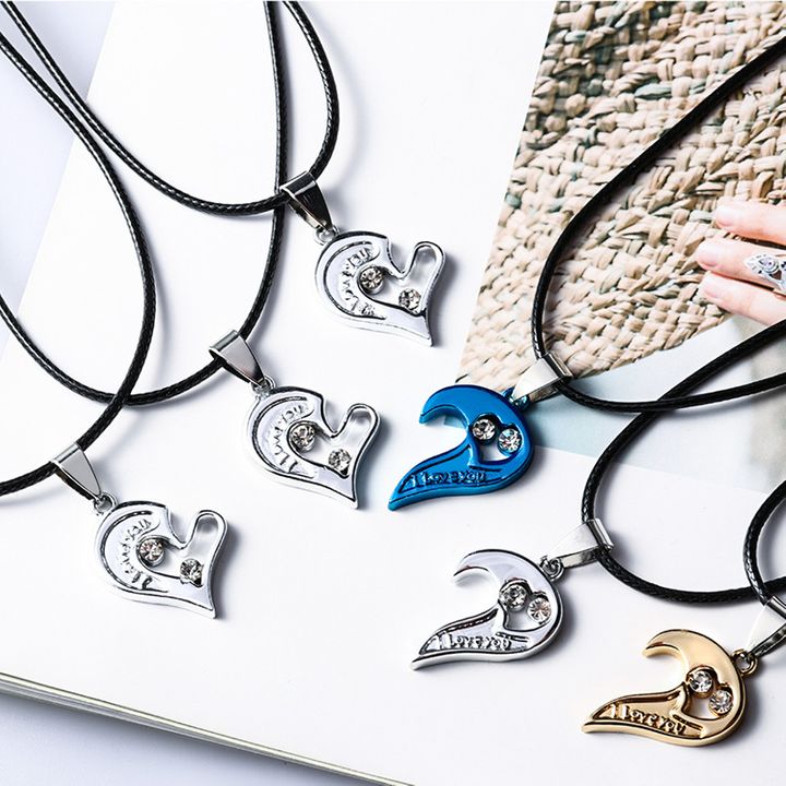 2Pcs/Set Couple Heart Shape I Love You Pendant Necklace Lovers Couples Jewelry Valentine's Gift，Fashion Couple Necklace Jewelry Unisex Lovers Couples Necklaces & Pendants Black+silver As picture