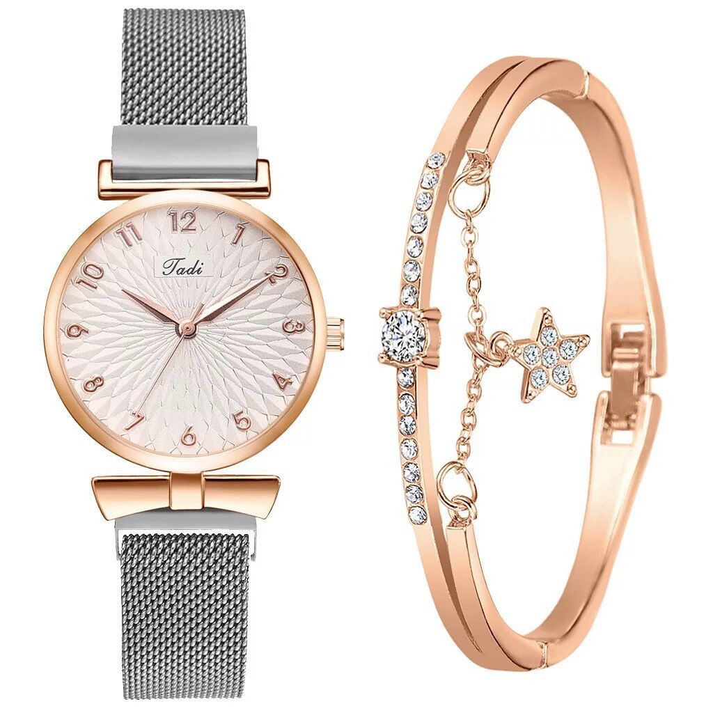 Luxury Women Quartz Watches Bracelet Set For Ladies Lady Watch Wristwatches Female Watches Wrist Watch Fashion Iced Watches Valentine's Day Gift Silver Watch & Bracelet Set