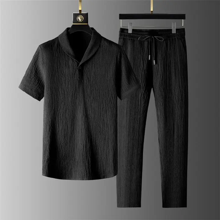 2pcs,Five sleeve ice silk linen set for men, cotton and linen two-piece set, oversized loose middle sleeve T-shirt, sportswear