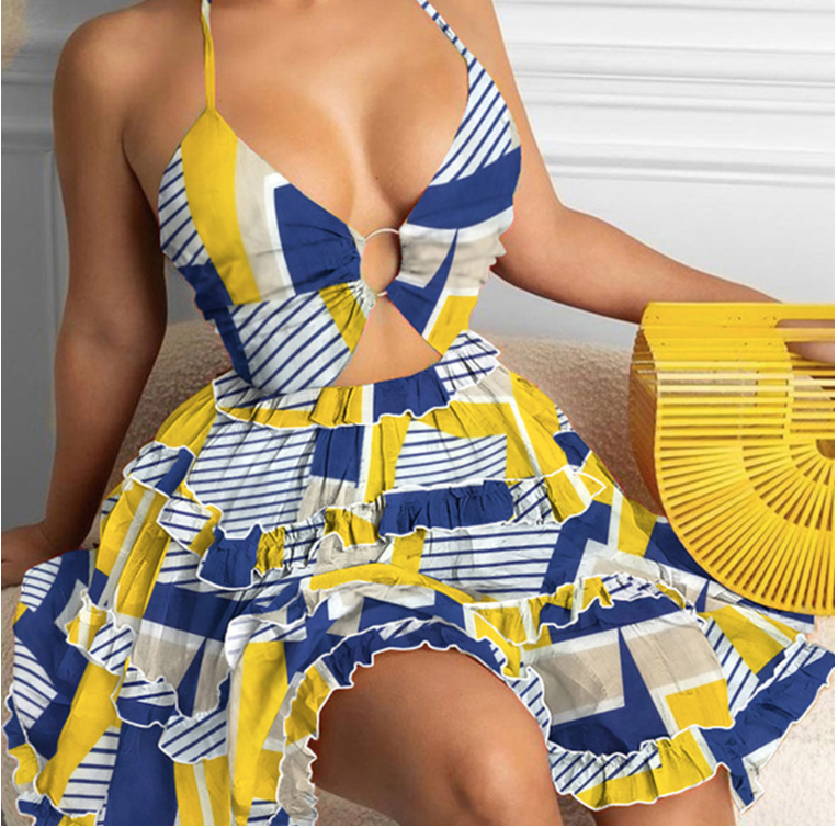 Cross-border European women’s clothing, summer new arrivals: sensuous, open-work neckline, hanging collar, V-neck cake dress.