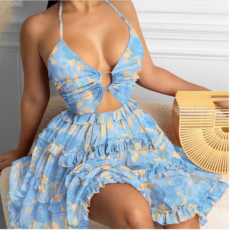 Cross-border European women’s clothing, summer new arrivals: sensuous, open-work neckline, hanging collar, V-neck cake dress.